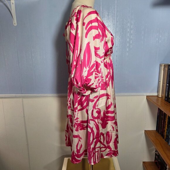 She + Sky Medium Hot Pink White Floral V Neck Balloon Sleeve Knee Length Dress - Picture 6 of 11